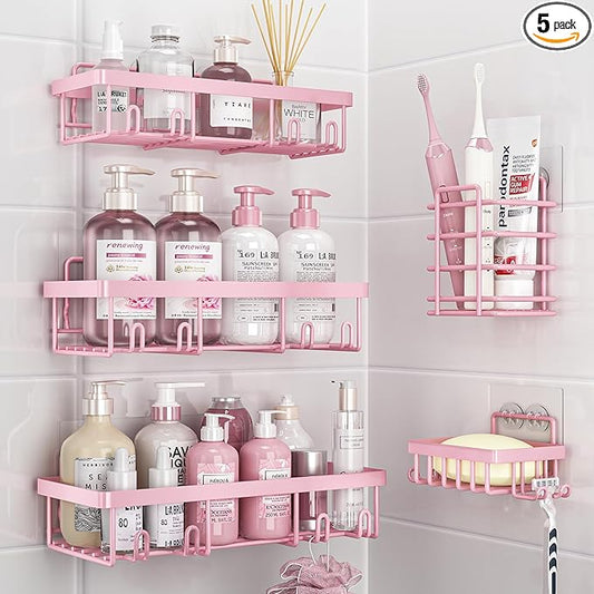 5 Pack Shower Caddy Organizer Rack Shelf for Inside Shower, Adhesive Bathroom Wall Storage Basket Rustproof Stainless Steel Shampoo Holder, Girly Bathroom Accessory Decor Set, Pink