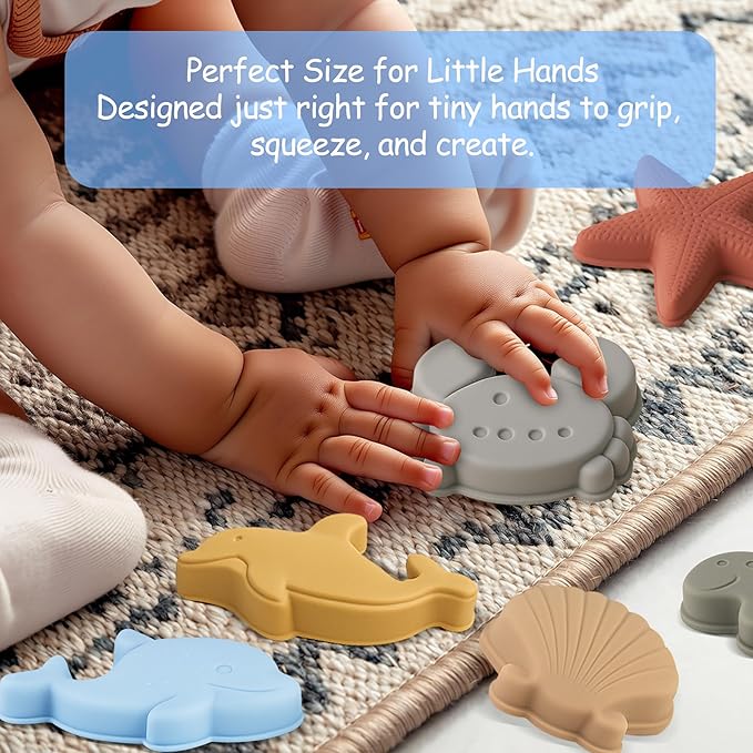 Baby Beach Toys for Toddlers 1-3, Collapsible Silicone Beach Bucket Shovel Set with 6 Sand Molds, Toddler Sand Toys for Kids, Boys, Girls, Travel (Blue)