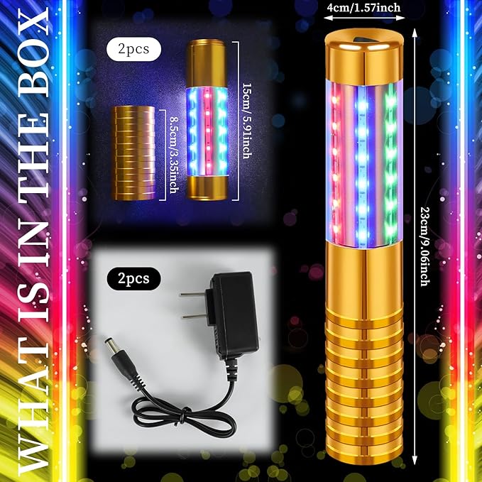 2 Pieces RGB LED Strobe Baton Light Rechargeable Bottle Service Sparklers Stick Reusable Champagne Bottle Handheld LED for Club Stage Nightclub Party Concert Event Bar Outdoor - Gold