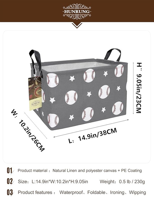 HUNRUNG Rectangle Storage Basket Cute Canvas Organizer Bin for Pet/Children Toys, Books, Clothes Perfect for Rooms/Playroom(REC-Grey Baseball)