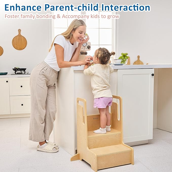 Step Stool for Kids, Large Wooden Kid Step Stool with Handles & Non-Slip Mats for Bathroom Sink and Kitchen, Potty Training Stool for Toilet