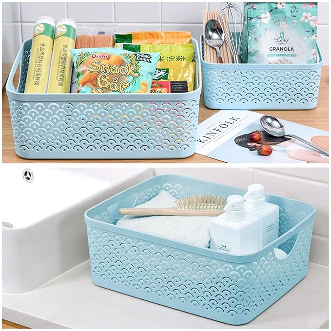 STARVAST 5 Pack Plastic Storage Baskets, Portable Blue Fish Scale Pattern Hollow Desktop Storage Bin Box with Handle for Kitchen, Bathroom, Kids Room or Nursery Storage – 9.4 x 7.1 x 4.1 inches