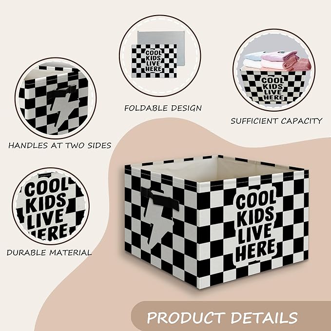 Cool Kids Live Here Boy Foldable Storage Bins Box with Handles, Black and White Checkered Collapsible Organizer Basket for Kids Boys Bedroom Bathroom Nursery Playroom Clothes Toys Books