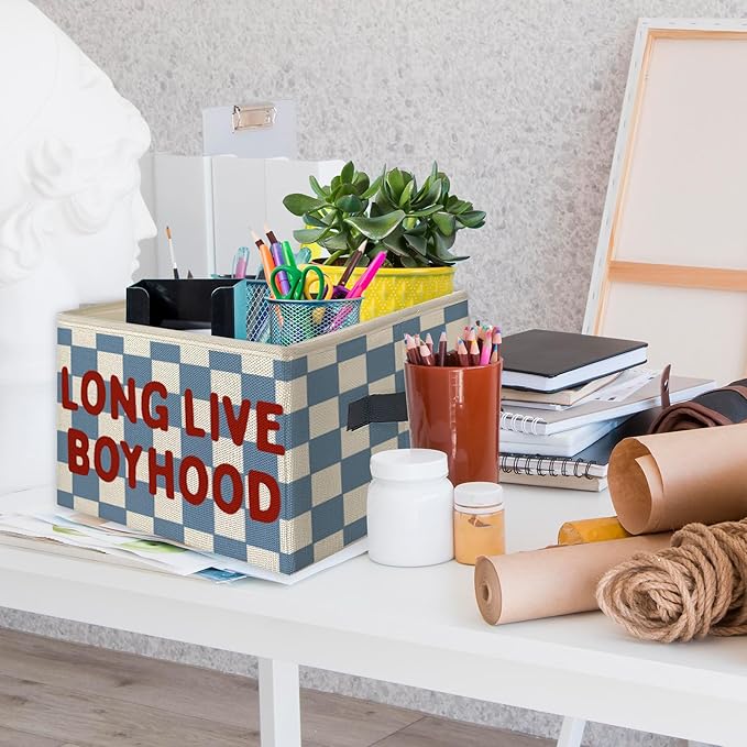 Long Live Boyhood Foldable Storage Bins Box with Handles, Retro Blue Checkered Collapsible Toys Books Clothes Organizer Basket for Kids Boys Nursery Bedroom Bathroom Dorm
