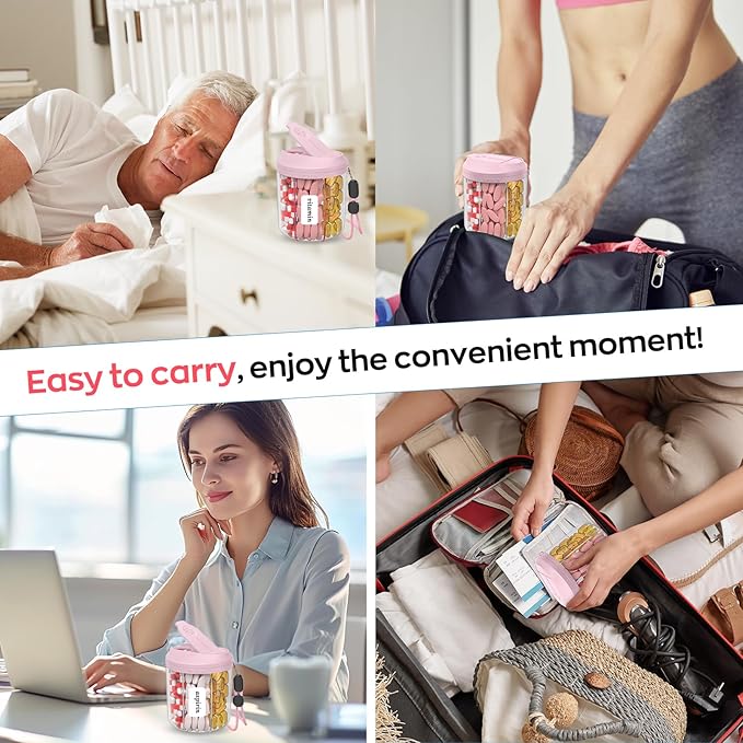 Pill Dispenser with 7 Large Compartments, 4.4" H x 3.6" Dia Pill Organizer for Travel, Supplement Organizer with Anti-Mixing Design, BPA-Free Pill Container with 20 Pcs Labels, Pink+ Black