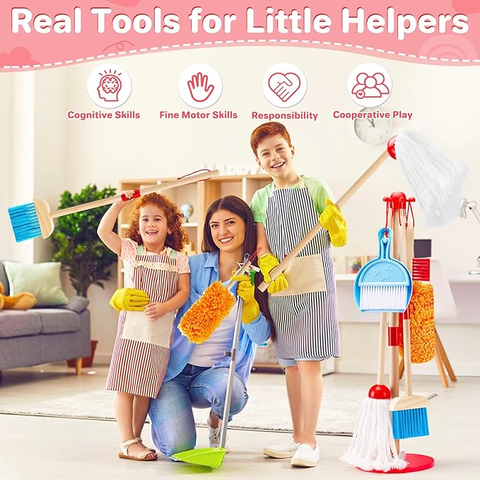 WHOHOLL Wooden Kids Cleaning Toy Set Toddler Broom and Dustpan Set for Housekeeping 9 Pcs Broom and Mop Set for Toddlers 3-5, Baby Cleaning Toys with Sponge, Christmas Birthday Gifts for Boys Girls