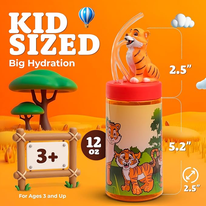 Kids Water Bottle, Toddler Cups, Tumbler with Lid and Straw, Travel Sippy Cup for Water or Milk, Kids Cups with Lids for Toddlers 3 and Up, BPA Free Plastic, 12 oz (Zoo Bengal Tiger)