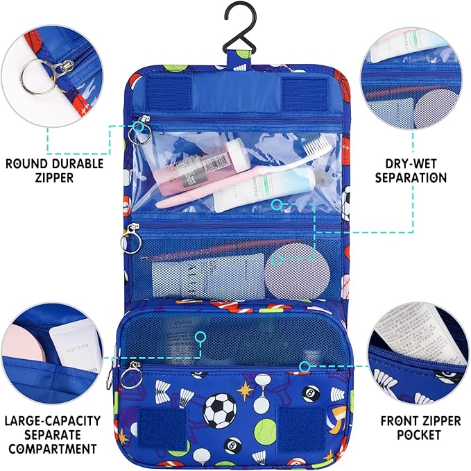 Kids Hanging Toiletry Bag for Boys, Travel Toiletry Bag for Little Young Boys Waterproof Wash Bag Toddler Traveling Toiletries, Soccer Balls Blue