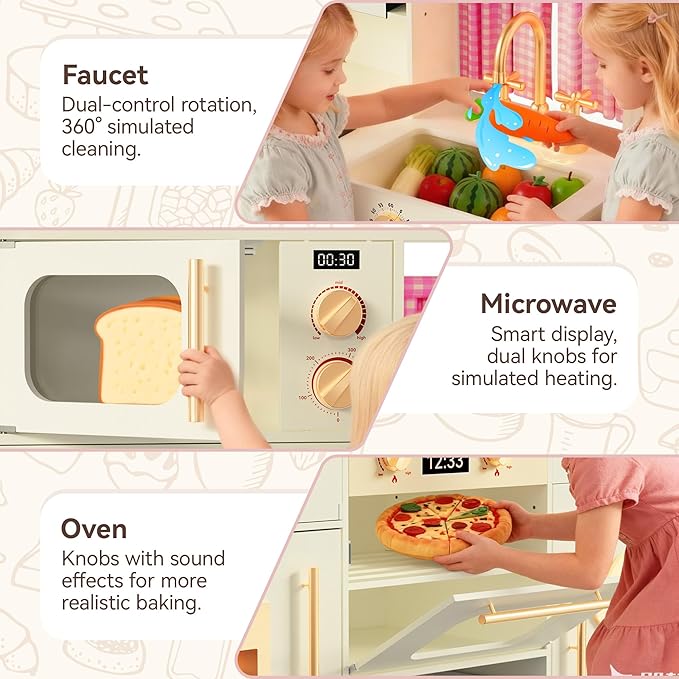 Play Kitchen for Toddlers with Felt Storage Boxes & Range Hook, Wooden Kids Kitchen Playset with Oven, Microwave, Ice Maker, Toy Kitchen Set with Coffee Maker for Girls & Boys Age 3+, Pink Curtains