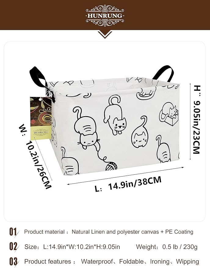 HUNRUNG Rectangle Storage Basket Cute Canvas Organizer Bin for Pet/Children Toys, Books, Clothes Perfect for Rooms/Playroom(REC-Black cat)