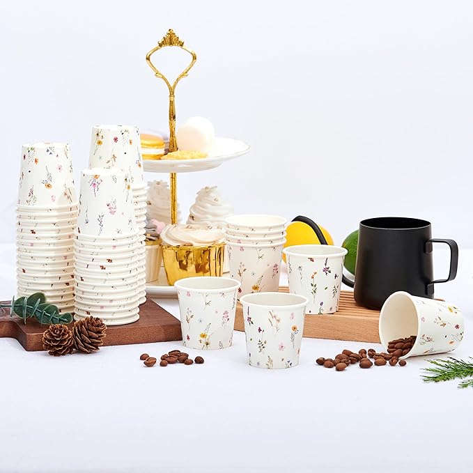 Crisky 100 Pack Paper Bathroom Cups 3oz Disposable, Elegant Design Floral Small Mouthwash Cups, Hot/Cold Beverage Coffee, Dessert for Birthday Parties, Home-use, Picnics, Ceremonies Any Events