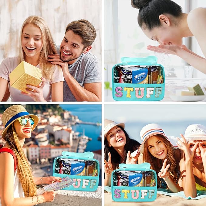 Chenille Letter Patch Stuff Bag, Preppy Clear Makeup Cosmetic Bag Large Toiletry Storage Tote Bag with Handle, Transparent Nylon Waterproof Organizer Zipper Pouch for Travel Women Girls(Green)