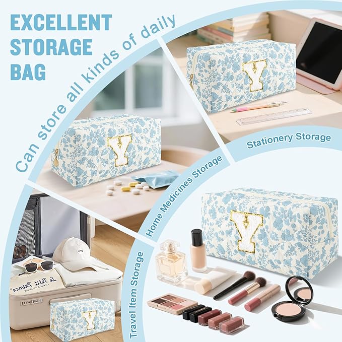 Personalized Quilted Cosmetic Bag, Puffy Monogrammed Christmas Birthday Gifts for Women & Girls, Cute initial Floral Makeup Bag Puffer Coquette Bag, Aesthetic Travel Toiletry Zipper Pouch(Blue,Y)