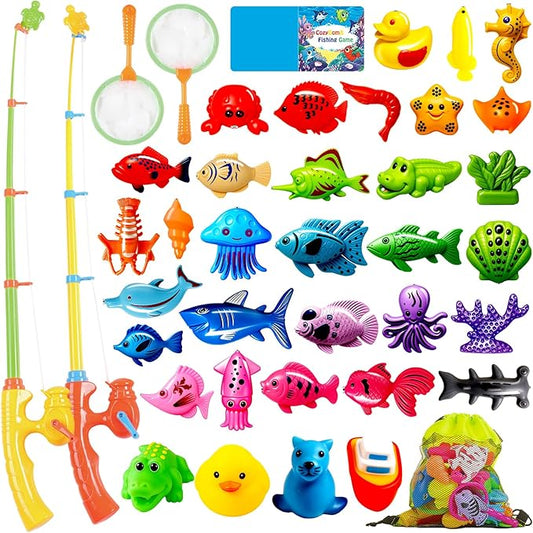 CozyBomB™ Magnetic Fishing Toys Game Set for Kids | Water Table Bathtub Kiddie Pool Party Pole Rod Net, Outdoor Plastic Floating Fish, Toddler Bath Color Ocean Sea Animals Birthday Gift Age 3-5 6 4-8