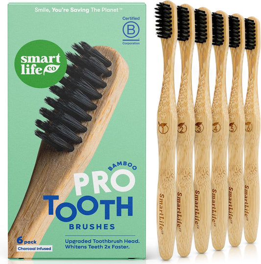 SmartLifeco Charcoal Bamboo Toothbrushes PRO - Extra Soft Natural Bristles for Adults & Kids Teeth | Zero Waste Bulk Wooden Tooth Brush | BPA Free, Eco-Friendly, Vegan - 6 Pack