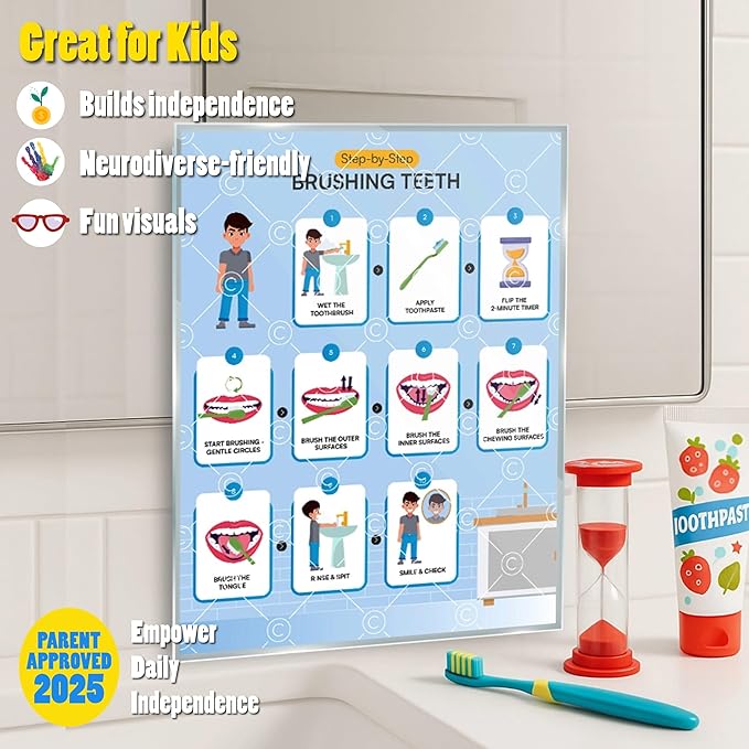 Brushing Teeth with Timer Chart Step by Step Laminated 9x12 Inch for Children Self Care Visual Chart Ideal for Special Needs and Autism (Brushing Teeth Chart with Sandtimer - English)
