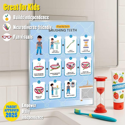 Brushing Teeth with Timer Chart Step by Step Laminated 9x12 Inch for Children Self Care Visual Chart Ideal for Special Needs and Autism (Brushing Teeth Chart with Sandtimer - English)