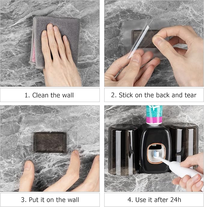 4 Slots Wall Mount Toothbrush Holder with Cover, Self Adhesive Toothbrush Storage Organizer for Shower, Toothbrush Hanger with 2 mouthwash Cups for Bathroom, Medicine Cabinet, Dorm (Black)