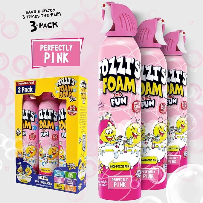 FOZZI’S Perfectly Pink Bath Foam Soap for Kids (3 Pack) - Fun Aerosol Spray - Squishy Bubble Soap for Playtime - Gentle Cleanser Foaming Body Wash - Safe Bath Fun for Everyday Wash