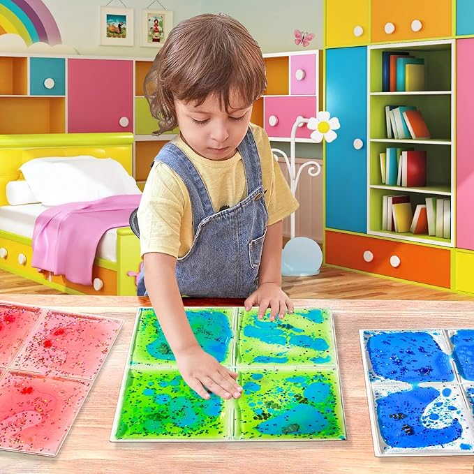 Liquid Sensory Soft Gel Tiles - 12" x 12" Square Multicolor Sensory Toys - Set of 9, Water Sensory Toys for Nurseries, Playrooms, Toddlers and Kids with Autism.