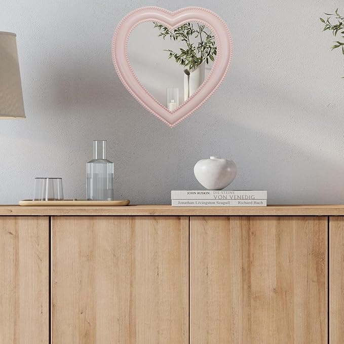 Heart Shape Makeup Mirror Wall Mounted Mirror with Hanging Hole for Home Room Decoration Birthday Gift Valentine's Day Gift for Girl,10.6x10.2inch(Pink)