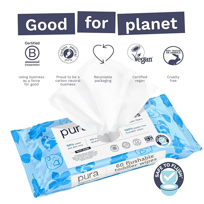 Pura Flushable Toddler Wipes 1 x 60 Wipes, 100% Plastic Free, 99% Water, Hypoallergenic & Fragrance Free, Totally Chlorine Free, Kids Toilet Wipes, Sensitive Skin