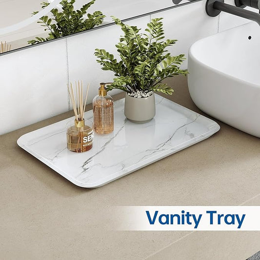 Vanity Decorative Tray, 12" x 8" White Marble Pattern Perfume Tray, Bathroom & Countertop Organizer for Soap, Jewelry, Candle