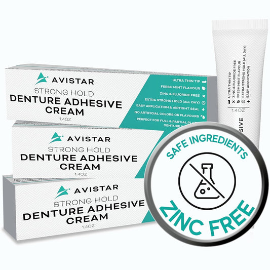 Extra Strong Denture Adhesive Cream, 12 Hour Hold Dental Glue, Waterproof, Zinc & Fluoride Free, Easy Apply Nozzle, Seals Food Out for Comfort, Mint Flavor (3 Pack, 4.2 Fl Oz)