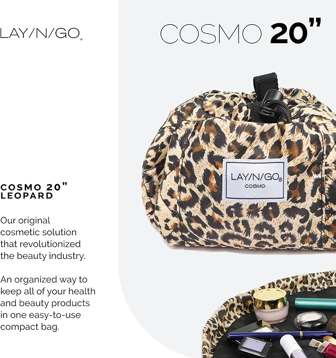 Lay-n-Go Cosmo Layflat Drawstring Cosmetic & Makeup Bag Organizer w/Zipper Pocket, Brush Loops & More, Cinch to Close, Lay Flat to Use, Durable, Machine Wash, Travel Toiletry Bag (20", Leopard)