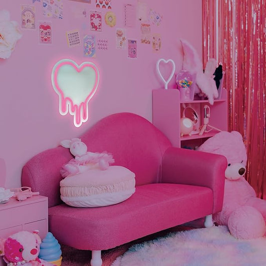 Pink Heart LED Light with Melting Design, Mirror Neon Sign for Bedroom Wall Decor, Light Pink Heart Wall Mirror, 12”x11” Neon Sign for Girls Room