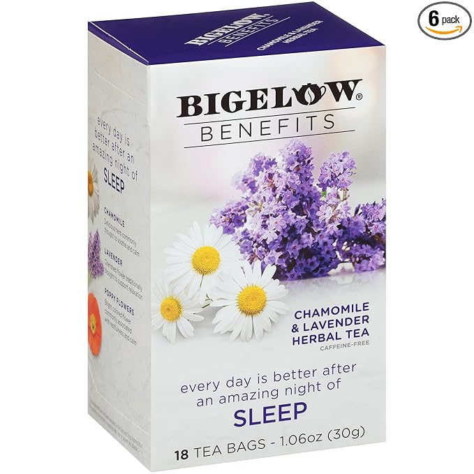 Bigelow Benefits Sleep Chamomile Lavender Herbal Tea, Caffeine Free, 18 Count (Pack of 6), 108 Total Tea Bags