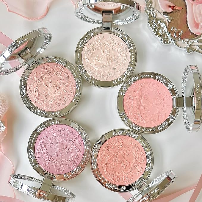 Flower Knows Swan Ballet Embossed Blush,Pink Matte Finish,Buildable & Blendable Powder Blush for cheeks,Natural Flush for All Skin Tones(02 Romanticism,5g)