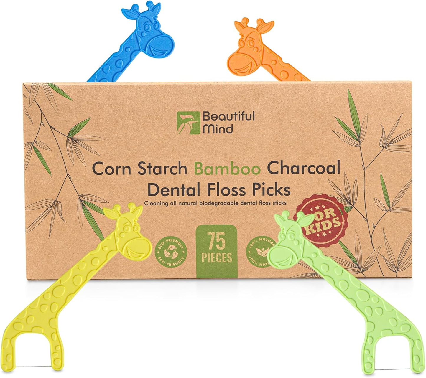 Dental Floss Picks for Kids 75 Pack – Unflavored, No Fluoride Oral Tooth Flossers – Biodegradable Flossing Sticks with Charcoal Infused Thread – Giraffe Toothpick for Toddler Teeth – Travel Case Size
