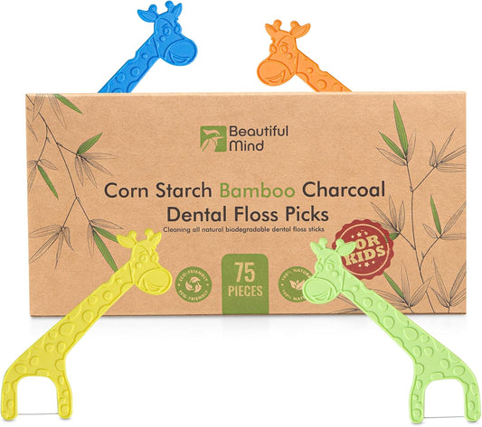 Dental Floss Picks for Kids 75 Pack – Unflavored, No Fluoride Oral Tooth Flossers – Biodegradable Flossing Sticks with Charcoal Infused Thread – Giraffe Toothpick for Toddler Teeth – Travel Case Size