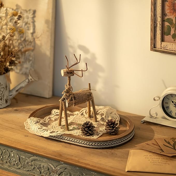 Hanobe Decorative Serving Tray Wood: Brown Bead Oval for Coffee Table Rustic Wooden Trays Decor Farmhouse Kitchen Counter Vintage Centerpiece Living Room Home Organizer, 15.15''x9.25''x1.18''