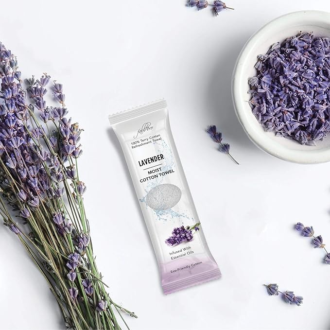 Oshibori Moist Terry Cotton Refreshment Towels (50 Pack, 8 x 8 Inches) - White Mildly Scented Pre-moistened Towel to Use Hot or Cold - Lemon & Lavender Scent Bundle of 25 each