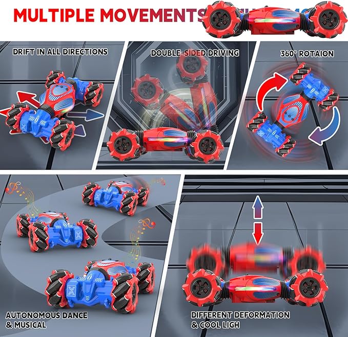 Remote Control Car - RC Drift Car for Boys Age 8-12, Gesture Sensing RC Stunt Cars 4WD Hot Wheels Cars Toy for Kids 4 5 6 7 8 9 10 Year Old Boy Birthday (Red-Blue)