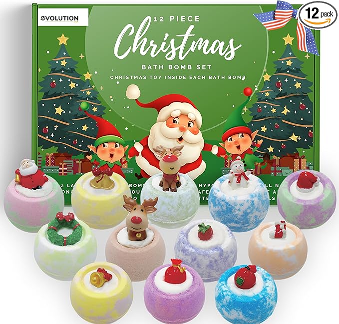 EvolutionUSA - Christmas Bath Bombs for Kids, Holiday Bath Bombs with Surprise Inside, Perfect Christmas Stocking Stuffers or Festive Holiday Bathombs Set, Natural & Hypoallergenic Bath Ball Set