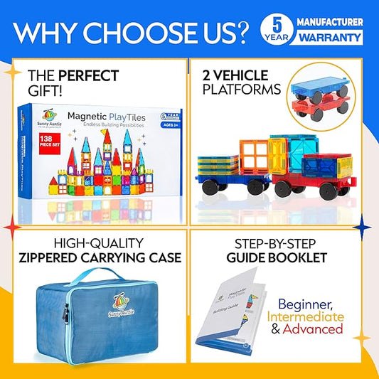 Magnetic Tiles 138 PCS+ Bonus Zippered CASE, Magnetic Tiles for Kids Toy for 3 4 5 6 7 8 Year Old Boys & Girls, Great Gift for Kids Aged 3-8, XL Set