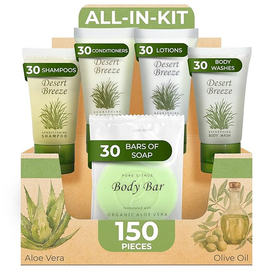 Desert Breeze Hotel Soaps & Toiletries Bulk Set | 1-Shoppe Amenities Kit | 1oz Shampoo & Conditioner, Body Wash, Lotion, Bar Soap | Travel Size | 150 Pieces