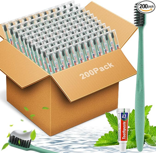HOFASON Disposable Toothbrushes with Toothpaste 200 Pack, Travel Bulk Toothpaste and Toothbrush Set, Travel Size Tooth Brush Paste, Individually Wrapped Toiletries for Homeless, Nursing Home, Hotel