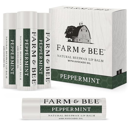 Natural Lip Balm - Organic & Natural Ingredients - Beeswax Based Moisturizing Lip Care Chapstick for Chapped Lips - Great Gift Idea - Farm & Bee - 0.15oz (Pack of 4 - Peppermint)