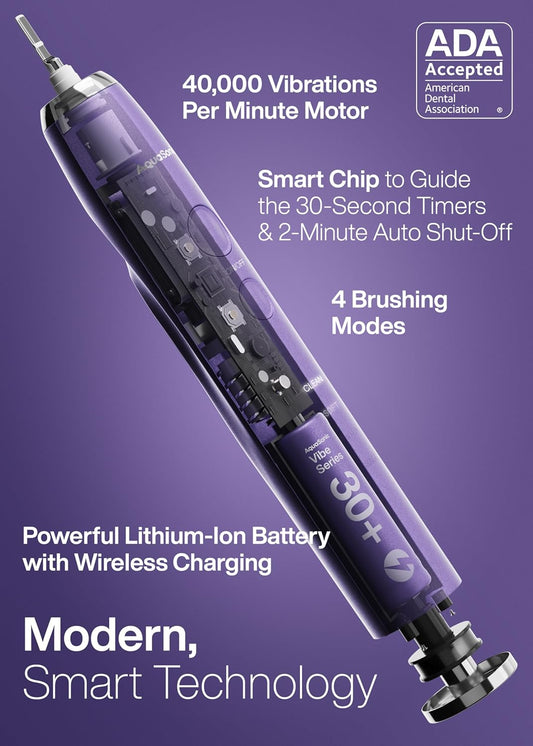 Aquasonic Vibe Series Ultra-Whitening Toothbrush – ADA Accepted Electric Toothbrush - 8 Brush Heads & Travel Case – 40,000 VPM Motor & Wireless Charging - 4 Modes w Smart Timer – Satin Violet