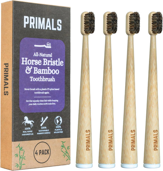 PRIMALS Horse Bristle & Bamboo Toothbrush (4-Pack) - Luxurious & Soft Horse Bristles - Fully Biodegradable - Plastic & Nylon Free - Quick Dry Design