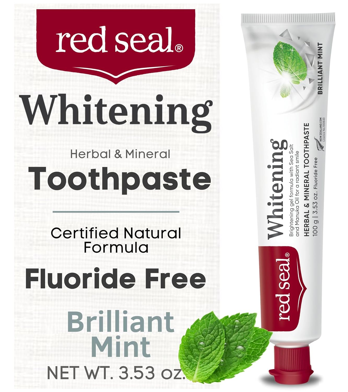 Red Seal Fluoride Free Whitening Toothpaste - Mint - Vegan Friendly, Cruelty Free, No Synthetic Colors or Artificial Flavors, NATRUE Certified Natural Ingredients, Paraben & SLS Free, 3.53 oz