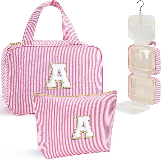 YOOLIFE Initial Hanging Toiletry Bag for Teen Girl - Christmas Gifts for Women Teenage Girls Stocking Stuffers, Travel Toiletry Bag Gifts for Mom Daughter Sister Friends, Letter A, Pink