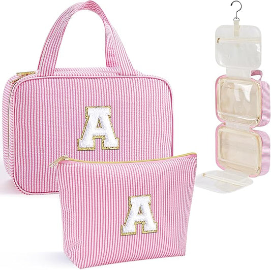 YOOLIFE Initial Hanging Toiletry Bag for Teen Girl - Christmas Gifts for Women Teenage Girls Stocking Stuffers, Travel Toiletry Bag Gifts for Mom Daughter Sister Friends, Letter A, Pink