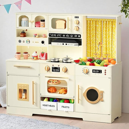 Play Kitchen for Toddlers with Felt Storage Boxes & Range Hook, Wooden Kids Kitchen Playset with Oven, Microwave, Ice Maker, Toy Kitchen Set with Coffee Maker for Girls & Boys Age 3+, Yellow Curtains