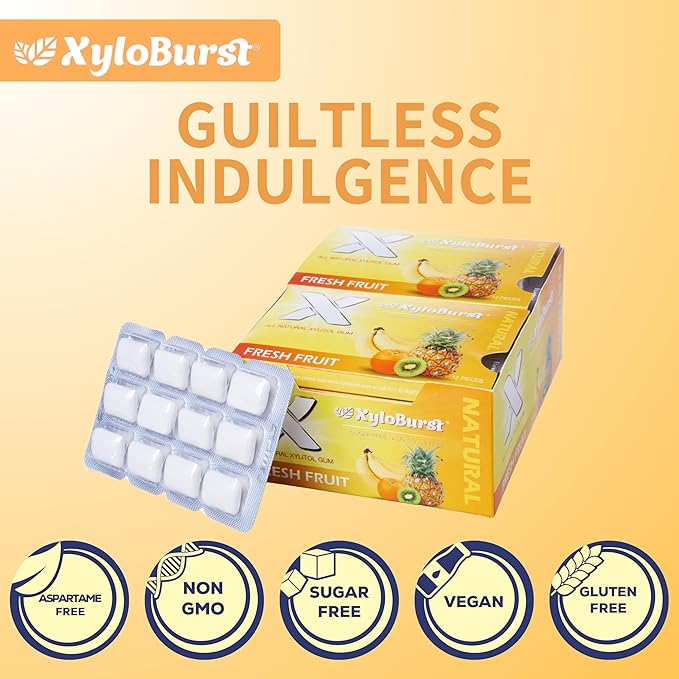 XyloBurst Gum | Xylitol Chewing Gum | Sugar Free, Gluten Free, Keto Friendly | Aspartame Free Gum For Oral Health | Fruit | 12 Pieces, Pack of 12