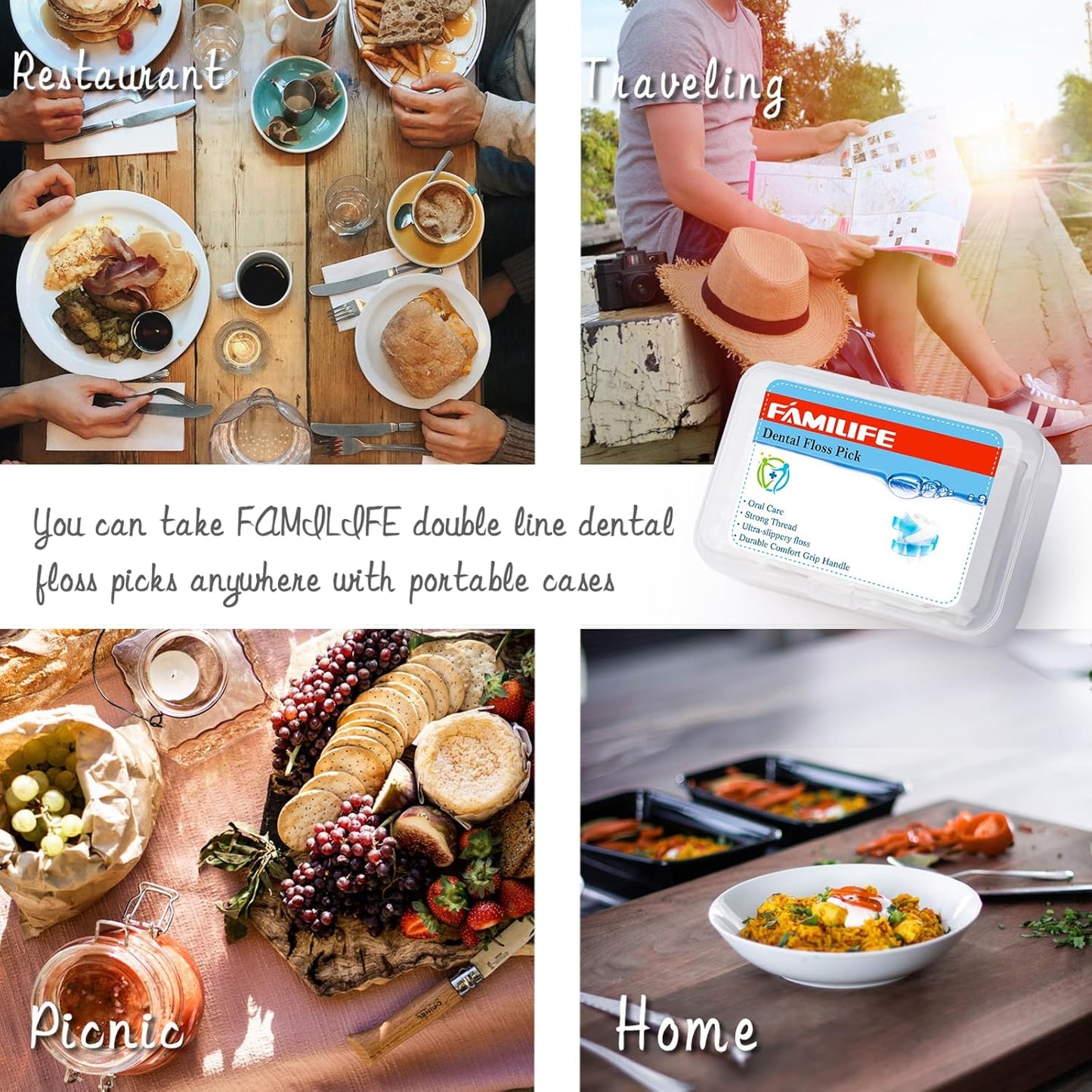 FAMILIFE Floss Picks, 200 Count Unflavored Dental Floss Cleaner, Tooth Picks Flossers with 4 Travel Handy Cases, Helps to Fight Tooth Decay and Keep Your Teeth Clean, Sticks for Family